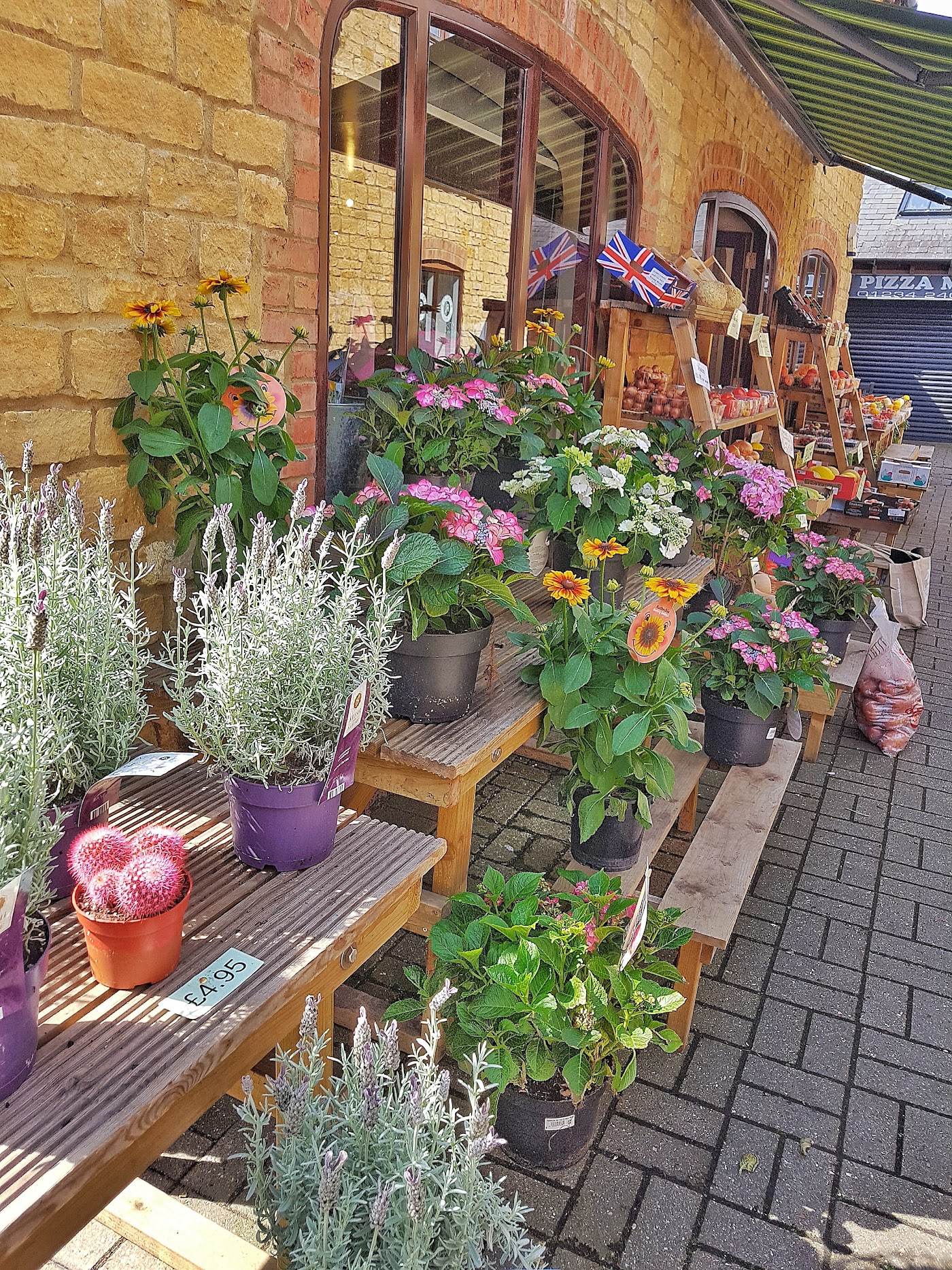 Pots of lavender, hydrangeas and rudbeckia on wooden benches outside the brick arched windows, under the striped green awning
